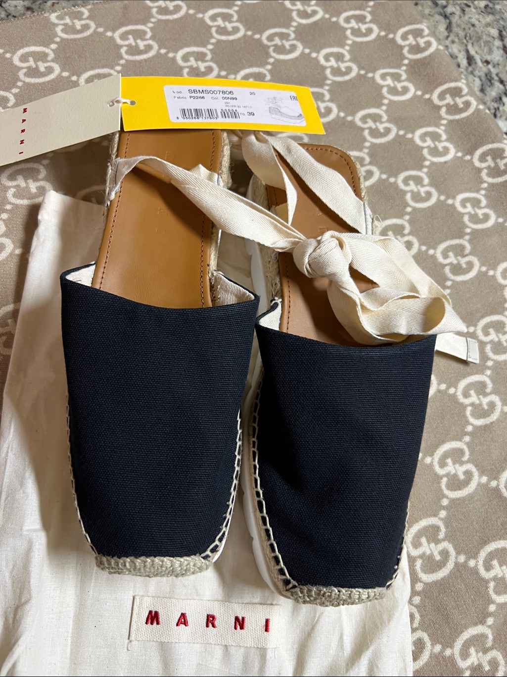 Marni Black Canvas Espadrille Tie-Ankle Flats With Cream Ribbons